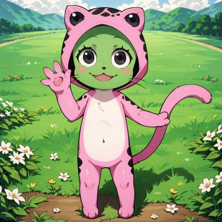 score_9, score_8_up, score_8, score_7, source_anime, Frosch(FT), solo, cat, semi-anthro, furry, green fur, black eyes, black nose, white belly, long tail, pink costume, black spots, full body, looking at viewer, standing, waving at viewer, smile, sunny, grass field background,