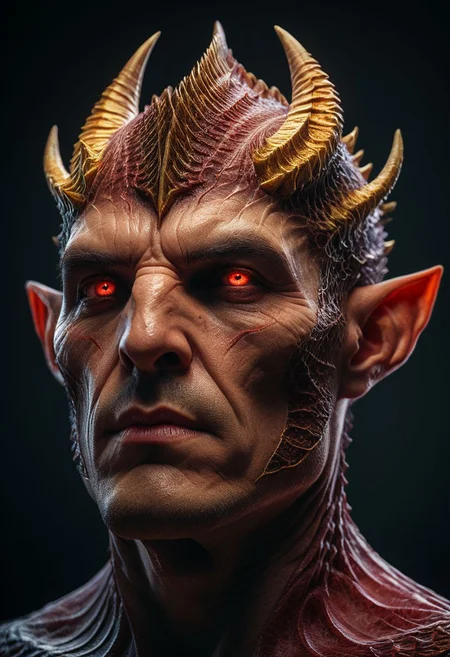 macrophotography, imposing, menacing, Prince of darkness, demonic, (((multiple eyes on head and sides))), horn scales, ultra detailed facial striations, ultra grotesque, volumetric lighting, realistic subsurface scattering , cinematic low-key portrait photography, hyper detailed, texture, 8k, HD, UHD, perfect texture, featured on Artstation, top of Pinterest
