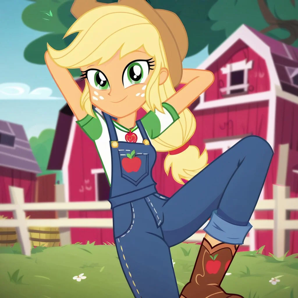 score_9, score_8_up, score_7_up, score_6_up, score_5_up, score_4_up, applejack, equestria girls, (show accurate equestria girls:1.3), cute, best high quality, high res,  female, smile, farm, overalls, posing, full body