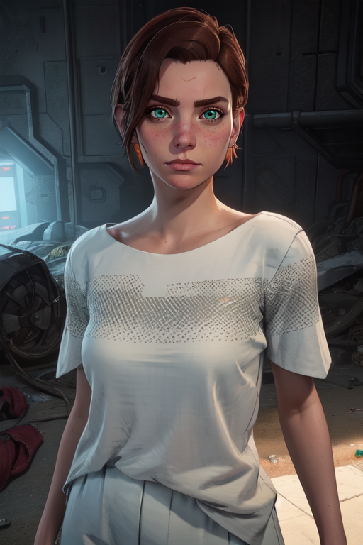 beta, green eyes, short brown hair,  sad, 
upper body,  solo,  standing,  looking at viewer, 
white shirt, short sleeves,  white pants, shoes,  earpiece, 
bunker, cyberpunk,  
(insanely detailed, beautiful detailed face,beautiful detailed eyes, masterpiece, best quality)  <lora:beta:0.7>