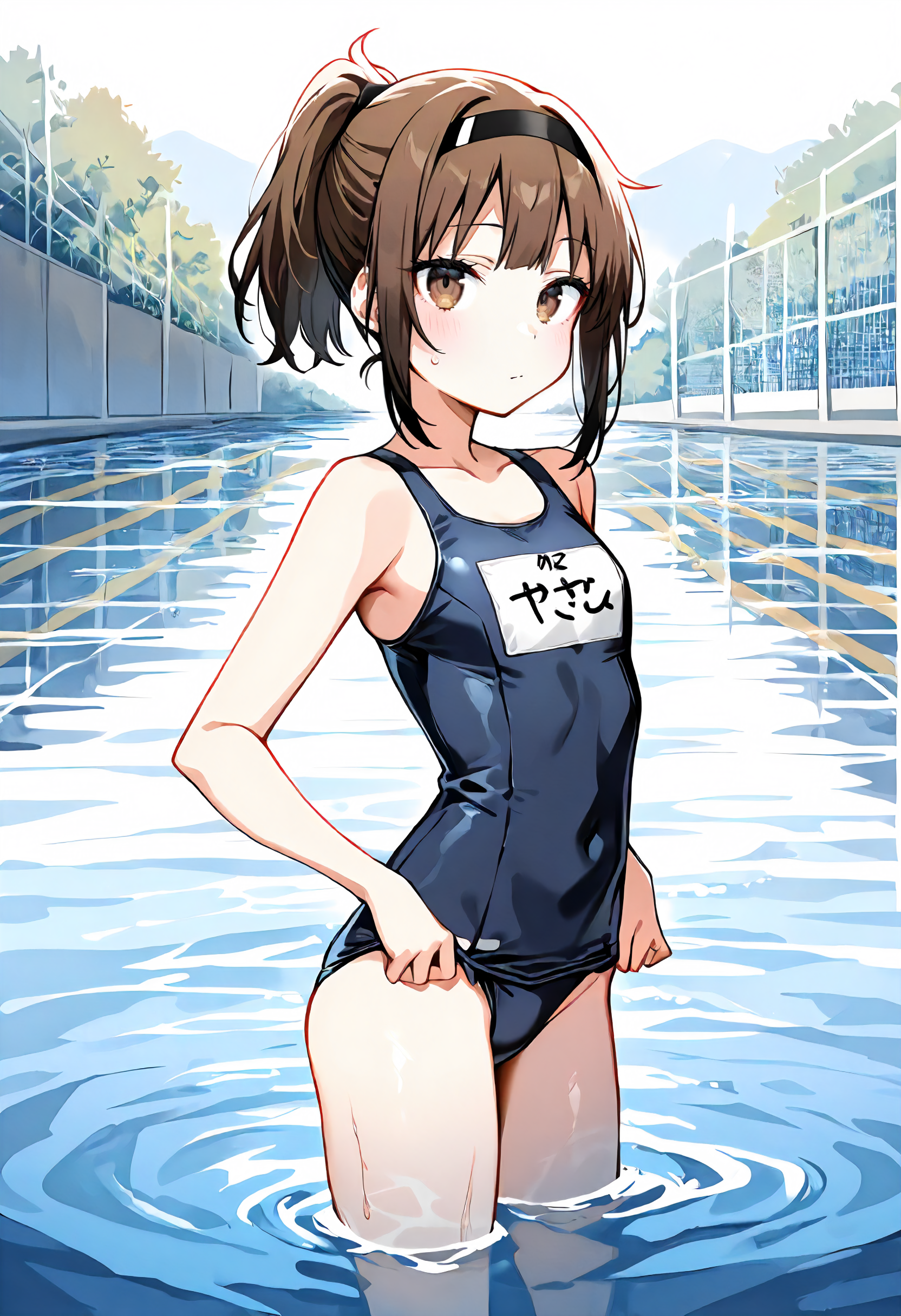 masterpiece, best quality, amazing quality, very aesthetic, absurdres, newest, scenery, perfect eyes, ultra detailed, faded colors, faded lines, watercolor,
1girl, dark brown hair, black hairband, bangs, brown eyes, ponytail, 
school swimsuit, 
standing, looking at viewer, adjusting bikini bottom,
beack background, in the water, detailed background, beautiful frame,
<lora:æªç´å­__8154edrn_-_Artist_Style_-_Illustrious:1>1>
masterpiece, best quality, amazing quality, very aesthetic, absurdres, newest, scenery, perfect eyes, ultra detailed, faded colors, faded lines, watercolor,