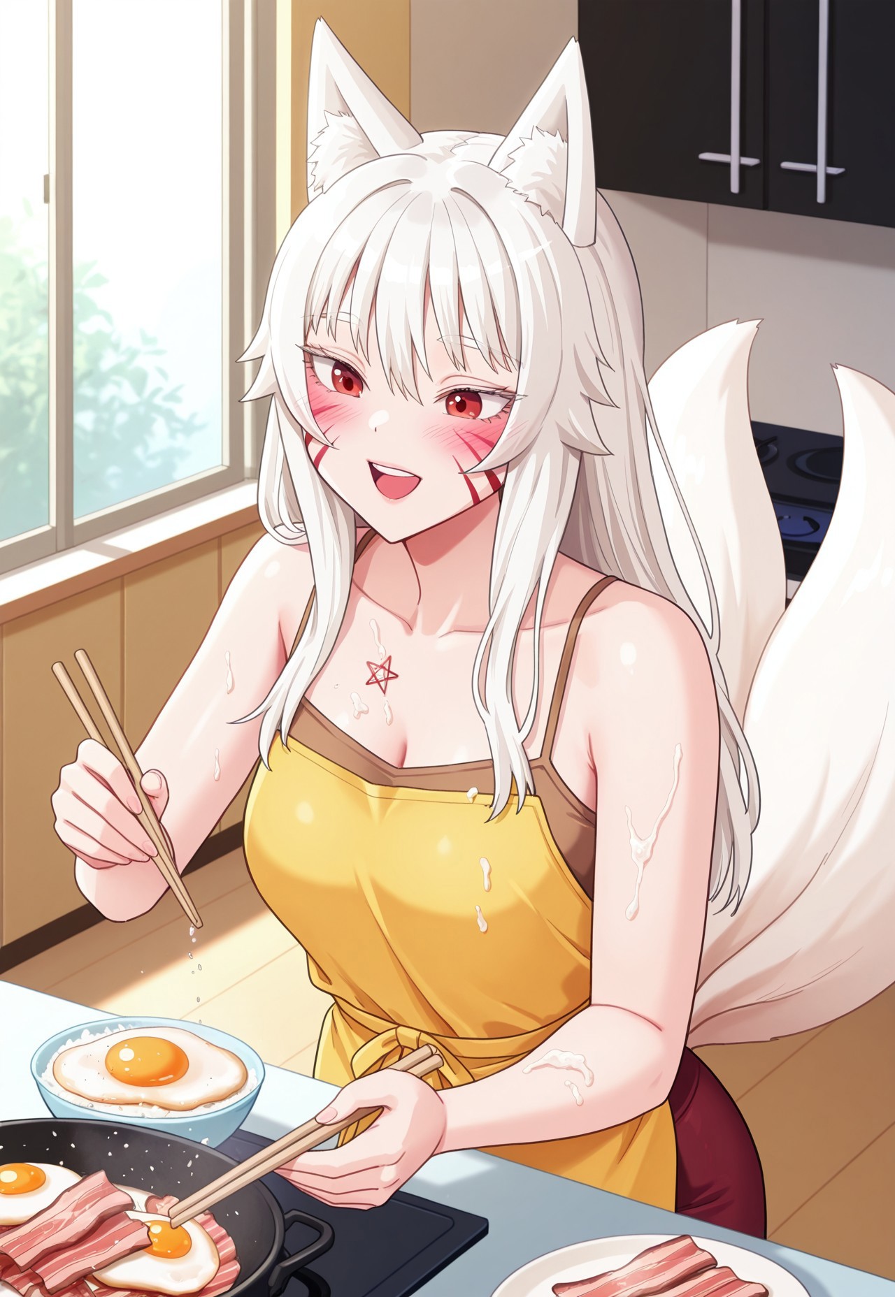 pajamasChallenge, mihoYokai, 1girl, fox girl, red eyes, white hair, long hair, fox ears, animal ear fluff, facial mark, whisker markings, blush, multiple tails, fox tail, white tail, 
 teeth, food, indoors, day, apron, upper teeth only, camisole, chopsticks, cooking, holding chopsticks, pentagram, fried egg, bacon, salt bae \(meme\), brown camisole,