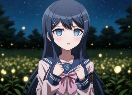 solo, <lora:Sayaka_Maizono_SDXL:1>, This anime screencap is from Danganronpa the Animation. Sayaka Maizono wearing her uniform from Danganronpa 1. She has her long blue hair down. She is wearing the Hope's Peak Academy uniform with a light pink ribbon. Her sleeves reach her wrists. She has a short, pleated, blue skirt. Sayaka Maizono is enacting a shoulder shimmy . Chiaki's expression is disappointed expression . Sayaka Maizono is interacting with facing viewer, looking at viewer, upper body, surrounded by magical herbs in a moonlit meadow, fireflies, walking, night,,