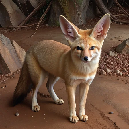 incredibly absurdres,solo,photorealistic,ruppellsfox,medium ears,black eyes,small,feral,detailed background,looking at viewer,outdoors,standing on ground,<lora:Foxes_-_Multiple_Species:1>,
