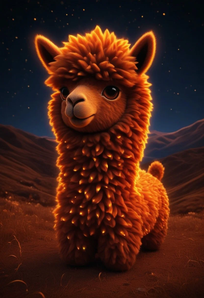 Fire world, (Transform your world into a darkstyle fure landscape of plush) Radiant, big-eyed fluffy fire Alpaca at night, very fluffy, fireflies in the background, the Alpaca is dreaming, abstract art by Anne Truitt, Synthetism, psychedelic copper colors, psychadelicchaos, psychadelic, sharp focus, highly intricate, full color, confident, intricate artistic color, handsome