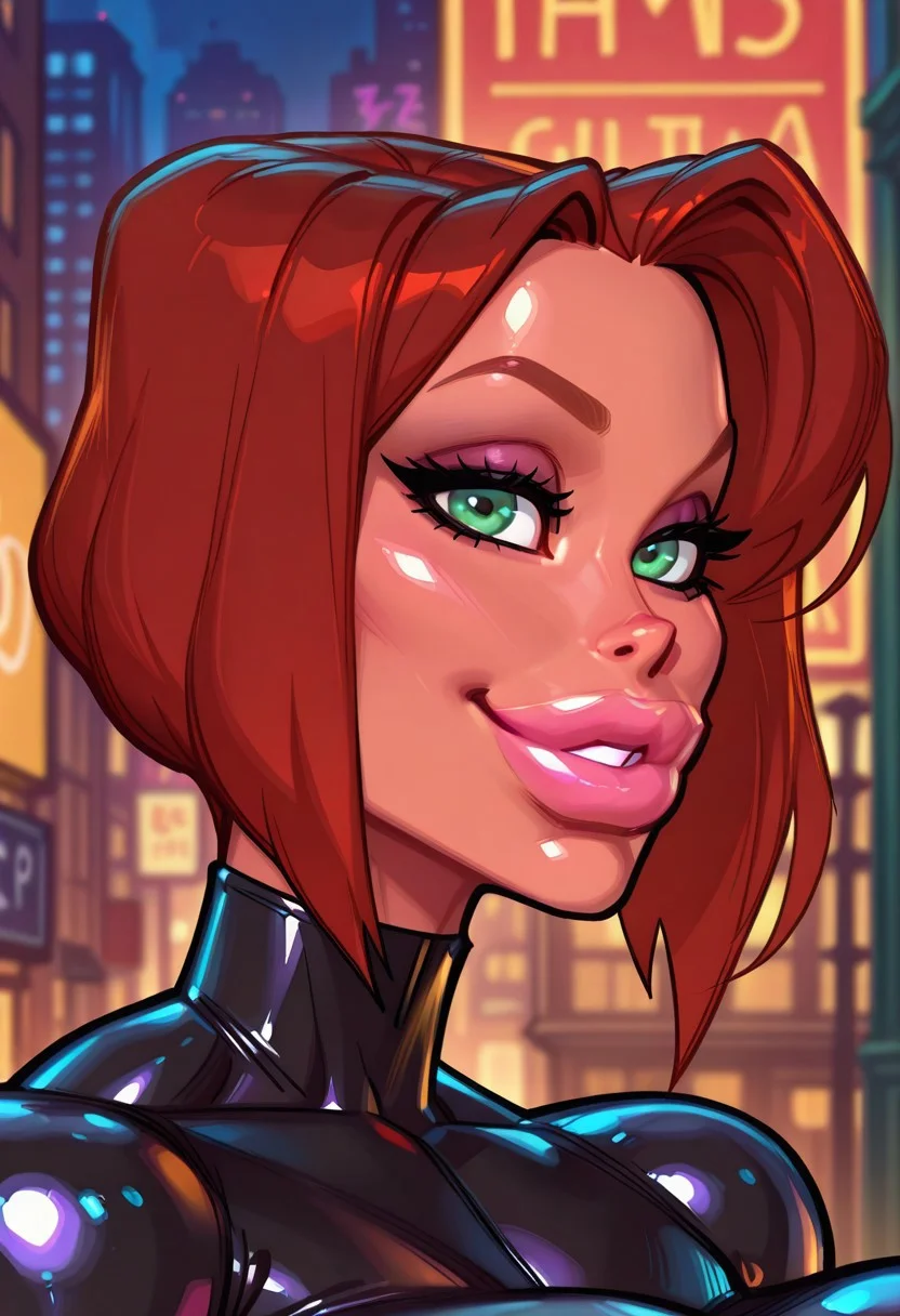 Score9, Cartoon style, sxyb1mb0, sxy5tyle, masterpiece, best quality, highres, absurdres, detailed, newest, western comics \(style\), ((Blackwidow)) realistic, 1girl,((portrait close up:1.3)) cute smile, face focus
Sexy bimbo, bimbo, dynamic angle,
green eyes, straight hair, hair intakes, short hair, red hair, outdoors, city street, blurry background,
fake tits, Black bodysuit, latex
toned, tan
