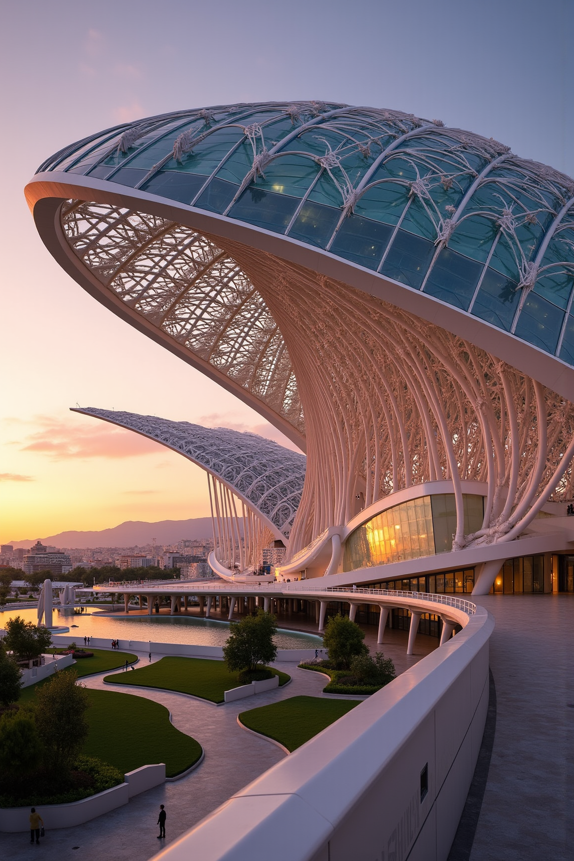yfg-c@la, A futuristic glass and steel structure inspired by Santiago Calatrava's iconic Valencian City of Arts and Sciences in Valencia, Spain:
Create an image depicting a sprawling, avant-garde building complex that embodies the essence of Calatrava's signature architectural style. The scene should be set at sunset on a warm summer evening, with the sky ablaze in hues of orange, pink, and purple.
In the foreground, capture a large, undulating roofline with an intricate network of interconnected glass panels, evoking a sense of fluidity and movement. The panels should be reflecting a kaleidoscope of colors from the setting sun, casting a shimmering glow across the surrounding area.
The building's facade is clad in a latticework of interlocking steel beams, supported by slender pillars that rise like giant tentacles towards the sky. These skeletal structures are adorned with delicate filigree patterns, giving the impression of organic growth and natural forms intersecting with modern technology.
In the background, incorporate a serene water feature â perhaps a tranquil lake or an ornate fountain â surrounded by lush greenery and strategically placed sculptures that continue the theme of fluid motion and dynamic energy. The surrounding landscape should be dotted with pedestrians strolling along meandering pathways, adding a sense of human activity to the scene.
The lighting should be soft and golden, capturing the warmth and elegance of the setting sun on the building's surfaces. Consider incorporating subtle textures and patterns on the walls, floors, and other surfaces to enhance the overall sense of depth and visual interest.