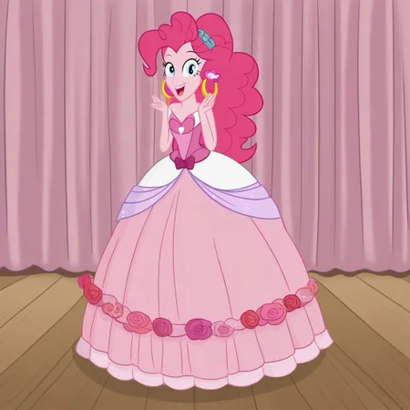 pinkie pie, solo, 1 girl, blunt bangs, Blue eyes, long hair, makeup, pink hairband, Very long large straight tulle pink princess ball gown hoop skirt, ball gown hoop skirt, pink princess dress, hoopdress, my big princess gypsy wedding dress, ballgown, a girl in a dress posing for a picture, wearing a sleeveless ballgown, looking at viewer and smiling, blowing kisses