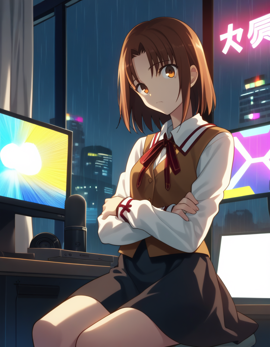 score_9,  score_8_up, score_7_up, source_anime
<lora:ayako-ponyxl-000035:1>  mitsuzuri, homurahara academy school uniform, vest, brown vest, black skirt,
1girl, sitting, pose, worried look on face, looking at viewer, streamer, window with view of night city, raindrops on window, rainy night, volumetric lighting, mood lighting, gaming computer in background, glowing computer monitor, neon lights, glowing lights, video games
