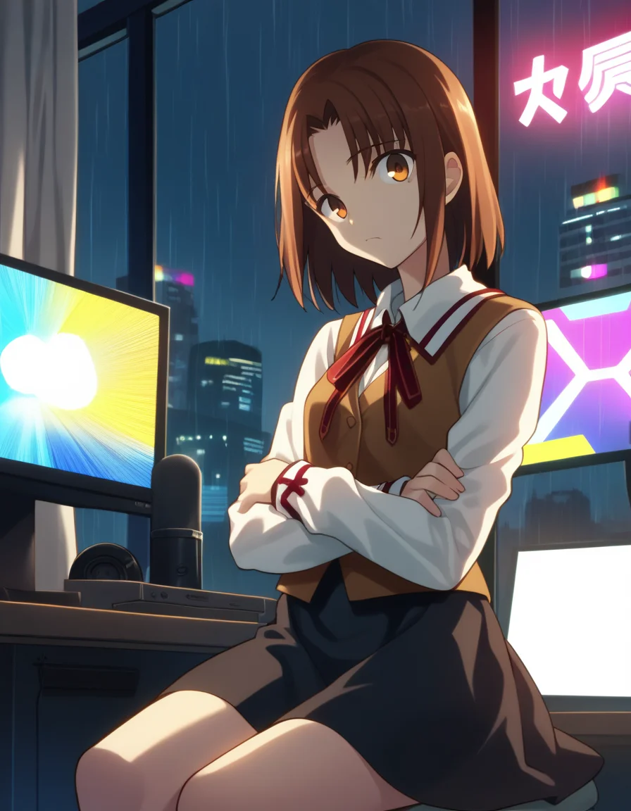 score_9, score_8_up, score_7_up, source_anime
<lora:ayako-ponyxl-000035:1> mitsuzuri, homurahara academy school uniform, vest, brown vest, black skirt,
1girl, sitting, pose, worried look on face, looking at viewer, streamer, window with view of night city, raindrops on window, rainy night, volumetric lighting, mood lighting, gaming computer in background, glowing computer monitor, neon lights, glowing lights, video games
