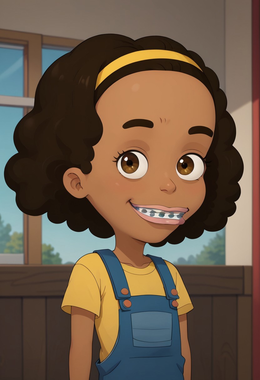 ((bedroom background)),score_9, score_8_up, score_7_up,score_6_up, 
1girl, Solo, Missy_BM, medium-brown skin, light brown eyes, brown eyebrows, Voluminous curly hair, brown hair, dental braces, yellow headband, navy blue overalls, yellow shirt, brown sandals, cute, social smile, big eyes, sexy face, close-up, face photo, perfect eyes, perfect smile, looking at the viewer