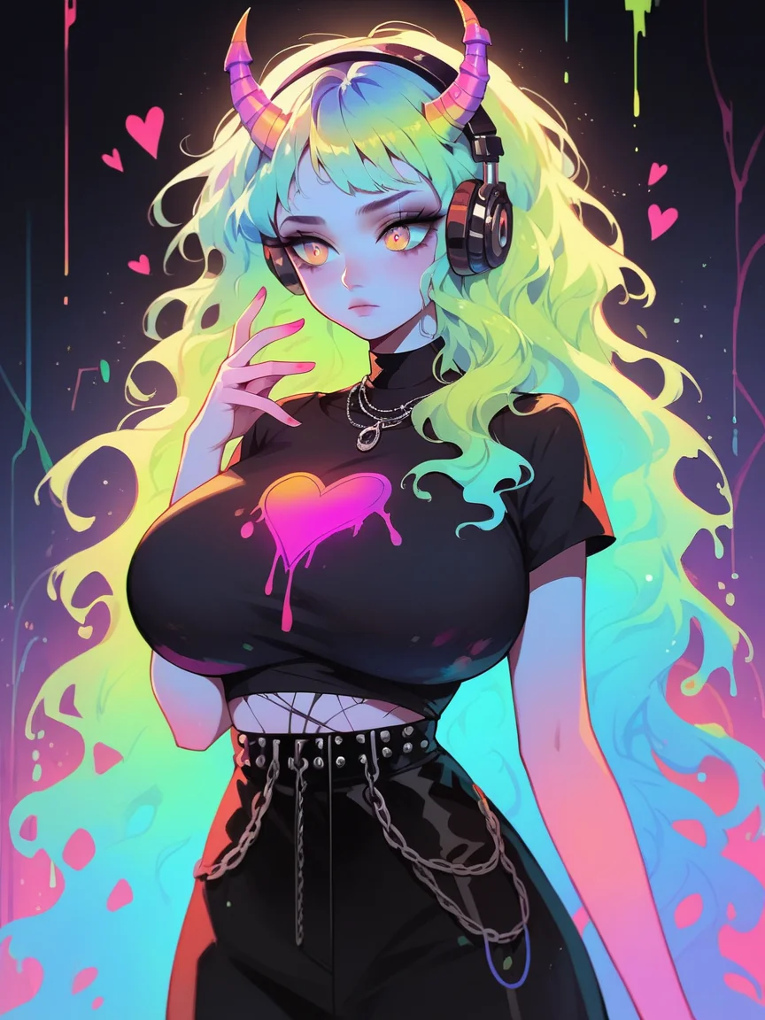 score_9, score_8_up, score_7_up, score_6_up, score_5_up, solo, (colorful:1), 1girl, thermal, orange, green, yellow, blue, (glowing), closed mouth, headphones, horns, goth, <lora:th3rm4lXLP:1> th3rm4l, iridescent, massive breasts, very long hair, wavy hair, slime, hearts