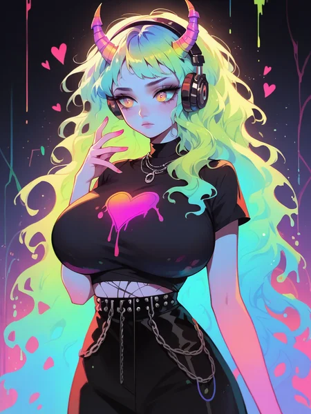 score_9, score_8_up, score_7_up, score_6_up, score_5_up, solo, (colorful:1), 1girl, thermal, orange, green, yellow, blue, (glowing), closed mouth, headphones, horns, goth, <lora:th3rm4lXLP:1> th3rm4l, iridescent, massive breasts, very long hair, wavy hair, slime, hearts
