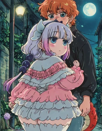 nsfw, highres, best quality, masterpiece, sad,1girl,Night has fallen,casting a dim and tranquil light. Two figures are side - by - side along a pathway. One person affectionately has their arm around the other,suggesting a close bond and companionship. The surrounding trees stand silently,creating a natural enclosure. In the distance,streetlights glow faintly,adding a touch of warmth to the nocturnal scene. Other people can be vaguely seen,further emphasizing the peaceful and ordinary yet endearing nature of this moment.,dress,Medium length skirt,in summer,moon,1boy,The back of the person,back,watercolor \(medium\),, g0thic, neon,, Vintage, 1990s \\(style\\), ArsMJStyle, Colored pencil hyperdetailed realism, Kanna Kamui, White-lavender hair, Hair styled into odango, Blue eyes, Pale skin, Gothic ta style clothing, White frills, Chubby cheeks, Small horns, Dragon tail, White stockings, Kanna Kamui