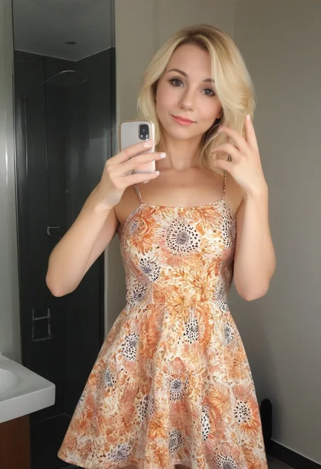 28yo girl, pretty, blonde medium lengh hair printed summer minidress), selfie leaks