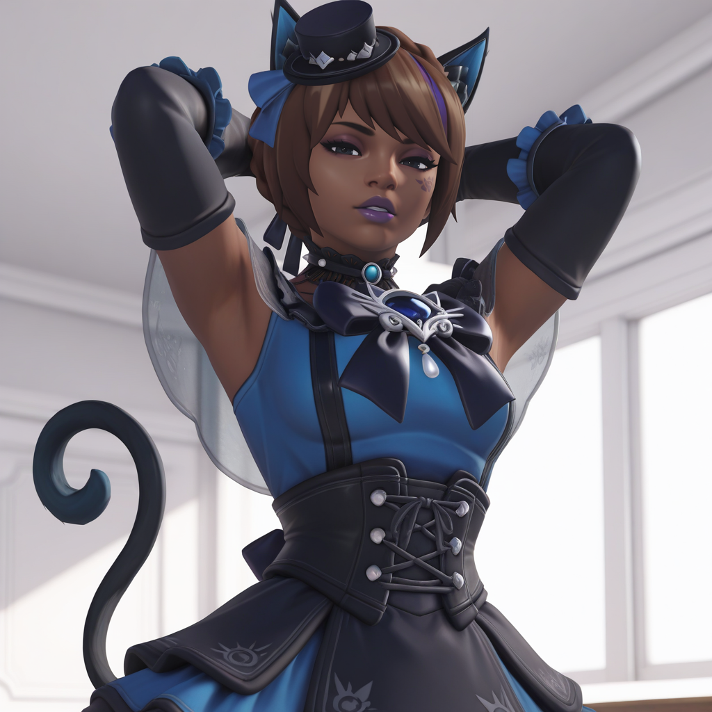 (masterpiece), (best quality), absurdres, intricate details, highres, 3d, <lora:Illari_BLACK_CAT_ILLUS-000009:0.8> , ill1, shoulder pads, 1girl, solo, black eyes, short hair, brown hair, gloves, mini top hat, dress, tail, braid, elbow gloves, cat ears, purple lips, frills, frilled dress, translucent clothing, hair bow, bow, skirt, choker, dark-skinned female, crown braid, corset, frilled gloves, bangs, cape, facial mark, looking at viewer, half-closed eyes, parted lips, arms behind head, armpits