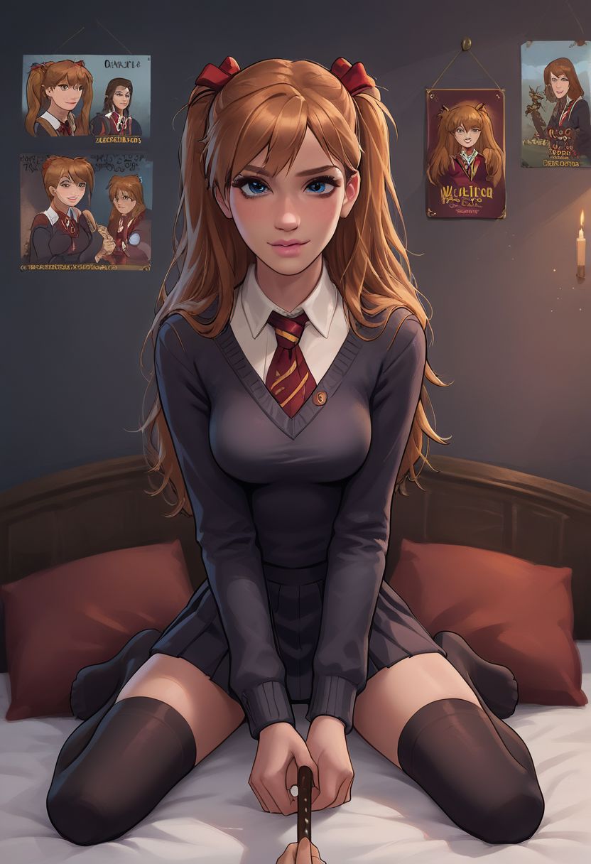 score_9, score_8_up, score_7_up, score_6_up, score_5_up, score_4_up, asuka langley, closeup portrait, pouty lips, big eyes, young face, skinny, innocent look, holding wand, facing viewer, kneeling in bed, ornate Victorian gothic bedroom, poster bed with mahogany headboard, gryffindor commons, rating_questionable, sexually suggestive pose, legs spread, sitting up, taking off grey sweater,  playful, big hands, pov looking up from below, 1 girl, medium breasts, sexy, no smile, looking at viewer, kinky, adorable, petite, round face, 18 years old, cutest girl in the world, hogwarts uniform, white shirt, gryffindor tie, short grey skirt, thigh highs