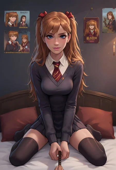 score_9, score_8_up, score_7_up, score_6_up, score_5_up, score_4_up, asuka langley, closeup portrait, pouty lips, big eyes, young face, skinny, innocent look, holding wand, facing viewer, kneeling in bed, ornate Victorian gothic bedroom, poster bed with mahogany headboard, gryffindor commons, rating_questionable, sexually suggestive pose, legs spread, sitting up, taking off grey sweater, playful, big hands, pov looking up from below, 1 girl, medium breasts, sexy, no smile, looking at viewer, kinky, adorable, petite, round face, 18 years old, cutest girl in the world, hogwarts uniform, white shirt, gryffindor tie, short grey skirt, thigh highs