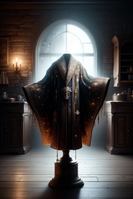 a wizard robe floating over a pedestal, masterpiece, best quality, hdr, 8k, dynamic pose, <lora:Mild detail adjusterV10:0.7>, <lora:more_details:0.3>,   <lora:wizardrope:0.6> Wizardrope <lora:typography-astrology-style-darquelilly-v1:0.7> typologyastrologystyle, prize at the end of the dungeon