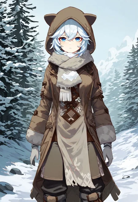 Score_9, score_8_up, score_7_up, Genshin Impact Style, source_anime, snow, ice forest, 1girl, solo,
White hair, tattered fur hood over hair, grey fur hood, tattered fur snow coat, pale blue eyes, standing, facing viewer, staring at viewer, tattered brown cloth around chest, white cloth around chest, white ragged cloth, white ragged scarf, white snow gloves, grey fur boots, dark grey pants, snow boots