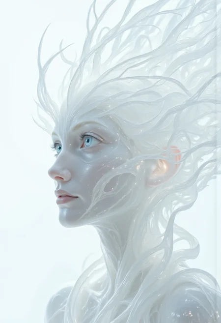 A closeup, surreal, ethereal portrait of a woman with a hauntingly beautiful, almost angelic presence. Her pale complexion is luminescent, blending seamlessly into the pure white background, creating an impression that she is emerging from light itself. Her very large piercing blue eyes are the focal point, their crystalline clarity and soft glow conveying a sense of otherworldly wisdom and calm. Her long lashes are bold and dramatic, contrasting starkly against her porcelain skin, drawing the viewer's gaze deeper into her haunting stare. Her features are delicately sculpted, with high cheekbones, a perfectly straight nose, and soft, full lips that hold a subtle, neutral expression, suggesting serenity and quiet strength. Her platinum-white hair flows and floats softly upwards, emphasizing her celestial appearance. The fine strands are light and wispy, blending seamlessly into the white backdrop with white ashes falling around her, adding to the ethereal atmosphere. The lighting is diffused and even, erasing shadows and creating a minimalistic aesthetic that places full focus on her striking features. The overall composition feels timeless, as if capturing the essence of purity and perfection, with a soft, dreamlike quality that invites introspection and awe. The simplicity of the image enhances its mystique, creating a profound, angelic presence that feels both familiar and otherworldly.