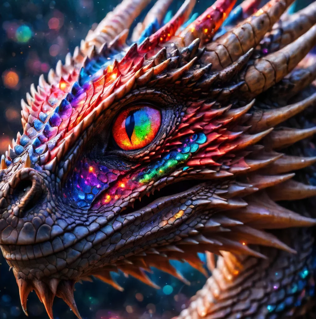 rainbow eyes, red eyes,horns,blurry,no humans, depth of field,slit pupils, light particles,colored sclera,dragon,scales <lora:rainbow_iris_v2:0.7>