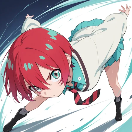 amate yuzuriha,1girl,solo,looking at viewer,
amate yuzuriha,
short hair,red hair,multicolored hair,aqua eyes,multicolored eyes,
aqua shirt,striped necktie,white sweater,aqua skirt,grey socks,black boots,
dynamic pose,
masterpiece,best quality,amazing quality,very aesthetic,absurdres,