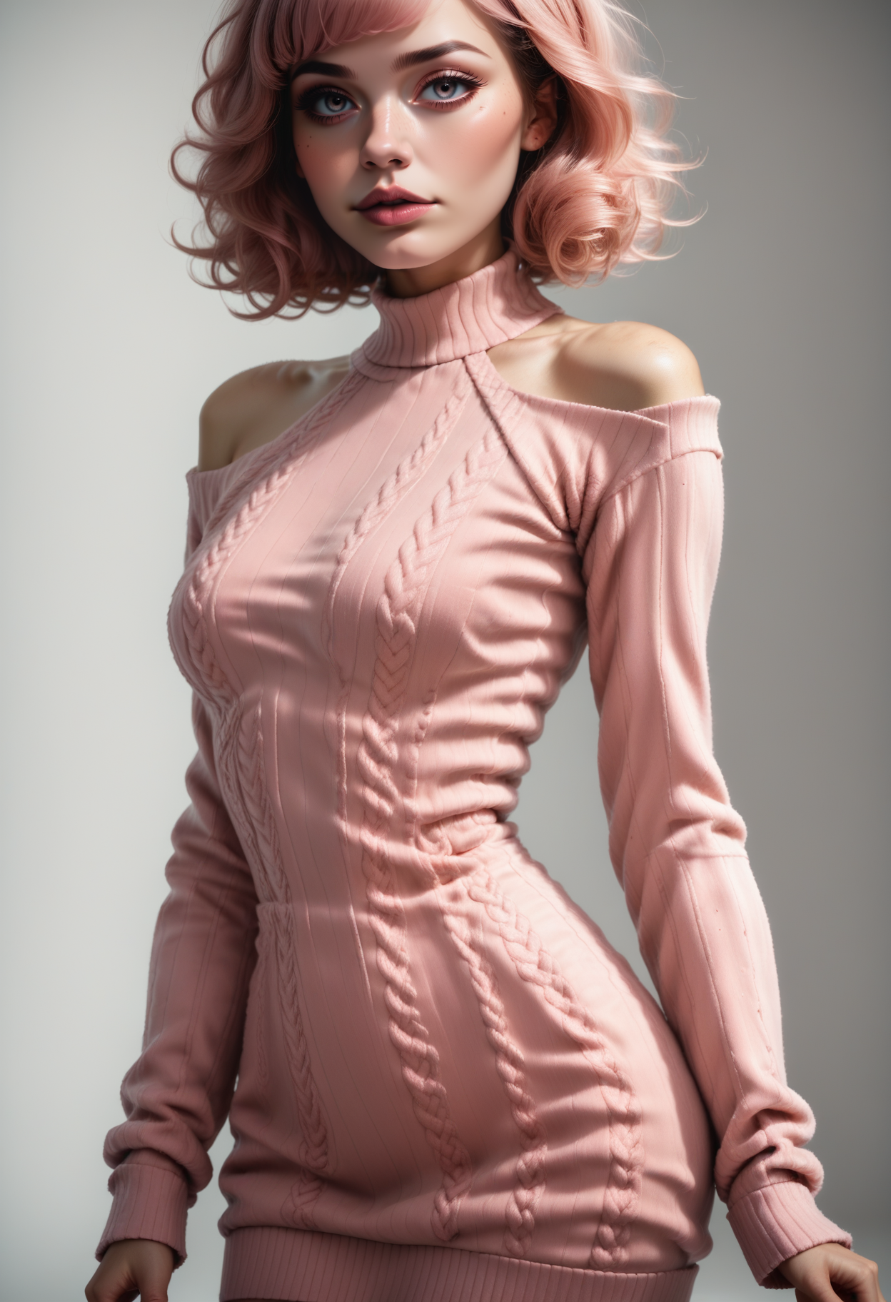 score_9, score_8_up, score_7_up, source_photo, 1girl, solo, d4rk_r0s4, realistic, beautiful eyes, sexy sweater dress, pink dress, long sleeves, bare shoulders, <lora:Dark_Rosa_Pony_v0.2:0.7>