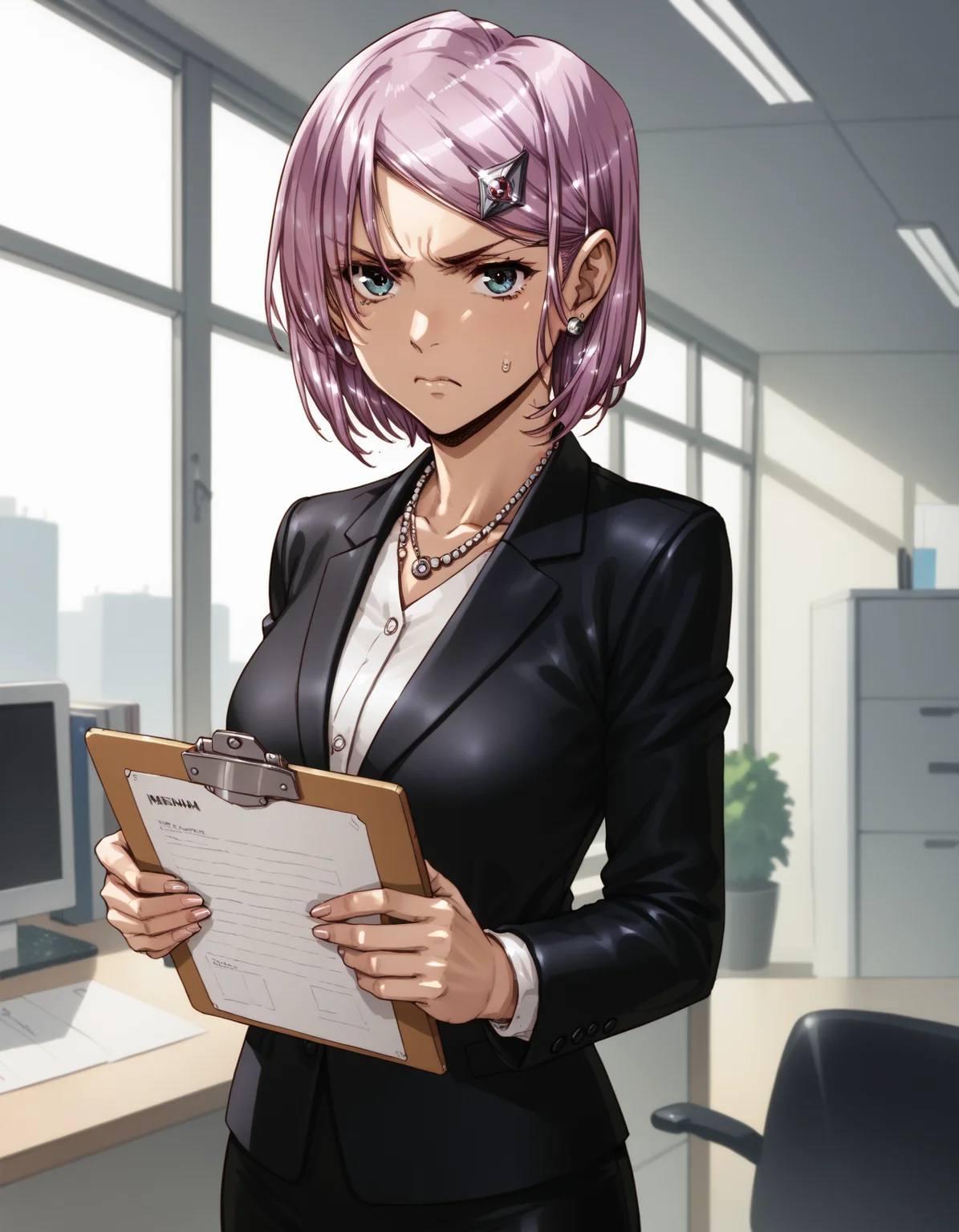 score_9, score_8_up, score_7_up <lora:neilis-ponyxl-000024:1> neilis, hairclip, office lady,
1girl, clipboard, annoyed, office