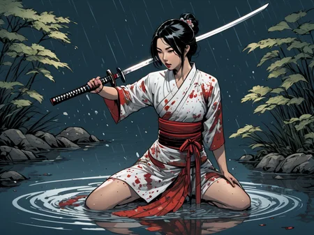 comic drawing full body of an Asian woman, black hair with flowers, with a red and white Asian dress, kneeling in water, (presenting a bloody katana using both hands in front of her:2), at night with rain in a lake with leaves, <lora:JSC_Style:1>