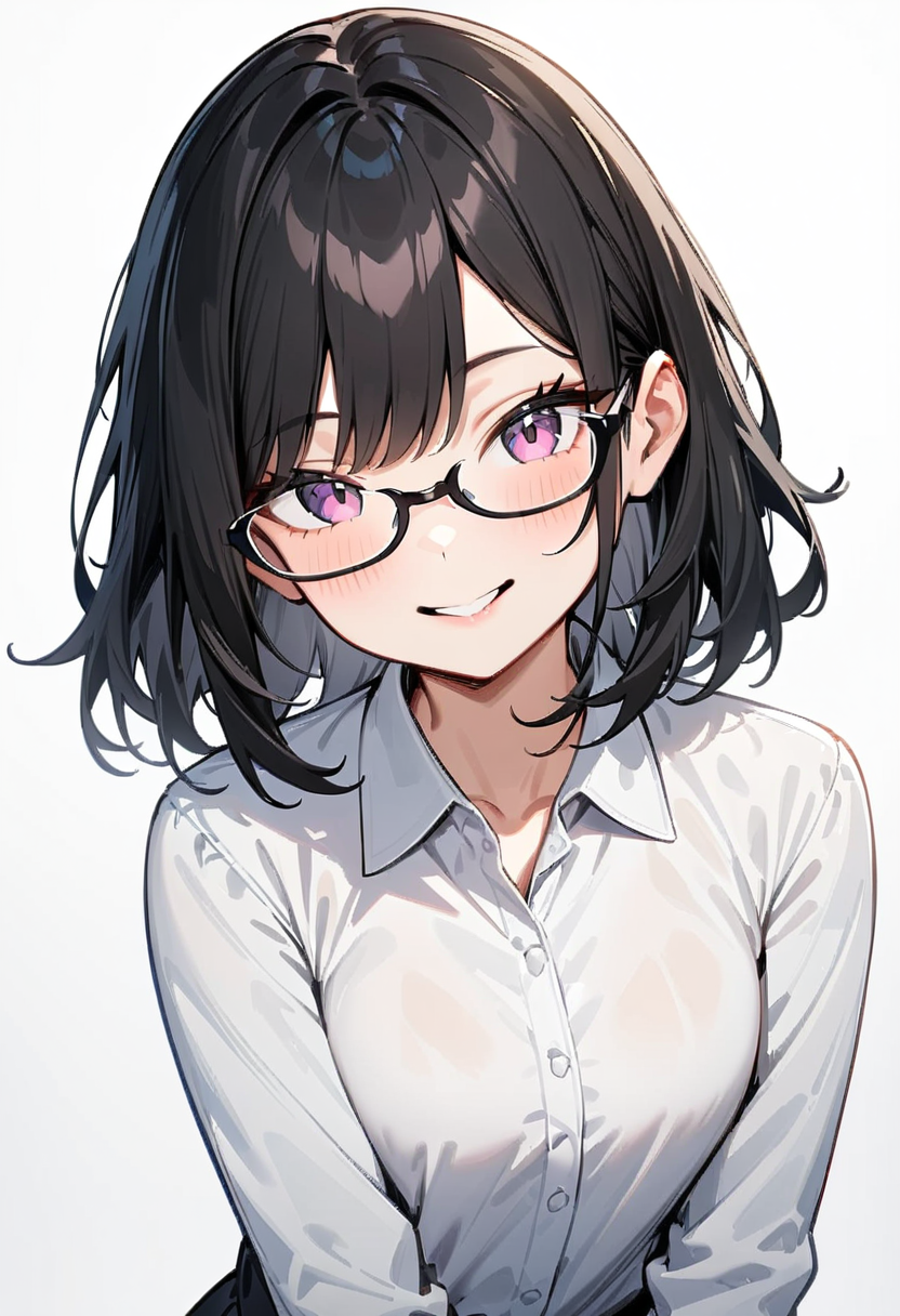 masterpiece, best quality, very aesthetic, absurdres,
1girl, solo, underrim_cell, glasses, black hair, medium hair, smile, looking at viewer, upper body, collared shirt, black framed eyewear,
white background, simple background,
<lora:under_rim_glasses_cell-frame_SDXL_V1:0.4>
