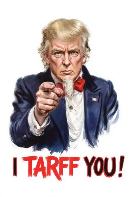 Prompt: jamesmontgomeryflagg1 illustration. 
Donald Trump pointing his finger directly at the viewer with a stern expression. 
Below him is the text: "I TARIFF YOU" in red and black letters.  <lora:jamesmontgomeryflagg1_cap_d8a4e12:1.0><lora:859140107905592131:0>