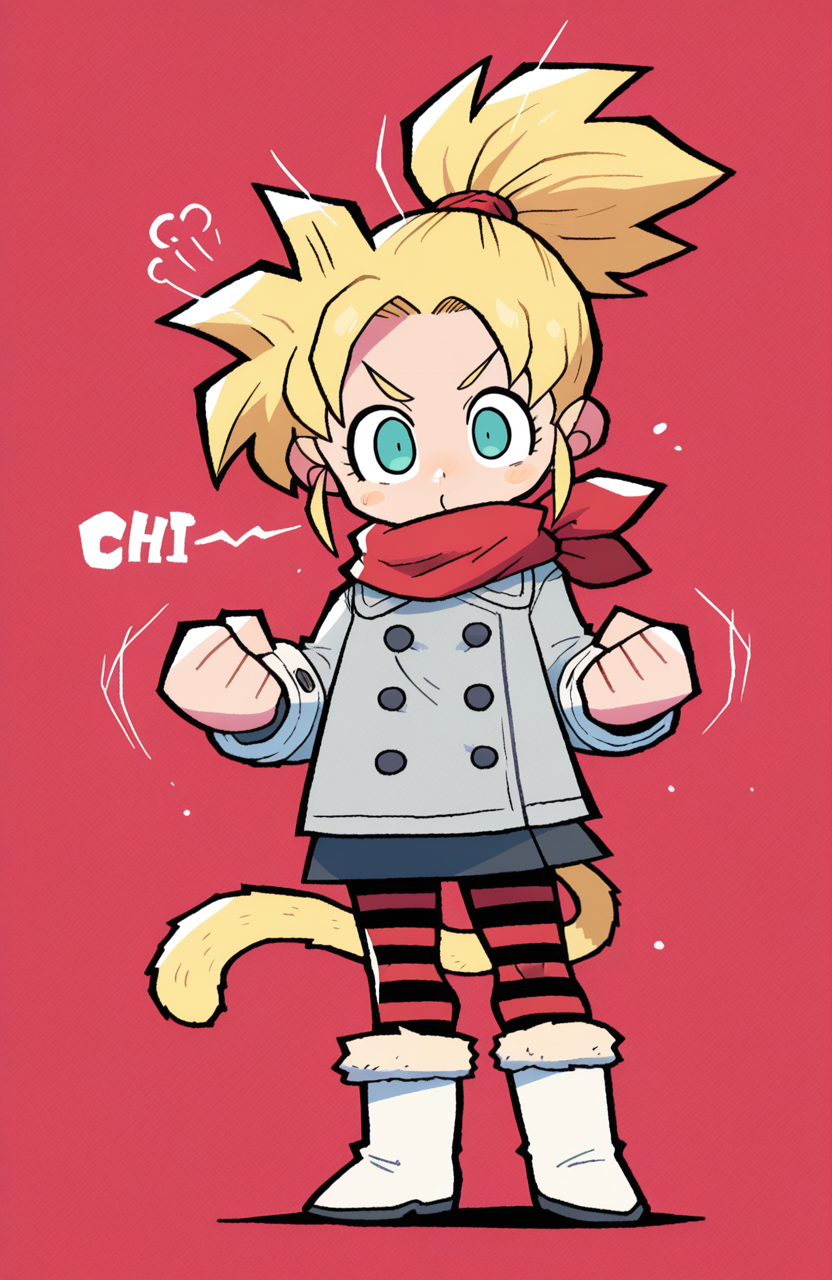 1girl, solo, <lora:rariatoo:1> rariatto,
<lora:Chilie:0.8> chi1i, monkey tail, flat chest, looking at viewer, super saiyan, yellow hair, yellow tail, aqua eyes, long hair, high ponytail, child, winter outfit, double-breasted coat, short skirt, striped pantyhose, boots, ribbon scarf, standing, fists raised, aggressive stare, snarling expression,  anger, extremely detailed, highres, masterpiece, best quality