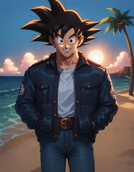 score_9, score_8_up, score_7_up,
gokuxl, solo,1boy, looking at viewer,
happy, standing, beach,palm tree, white shirt, sun, waves, jeans, jacket, belt,
<lora:gokuxl-000004:0.9>, <lora:add-detail-xl:-1.5>, <lora:Smooth Anime 2 Style SDXL_LoRA_Pony Diffusion V6 XL:0.7>
