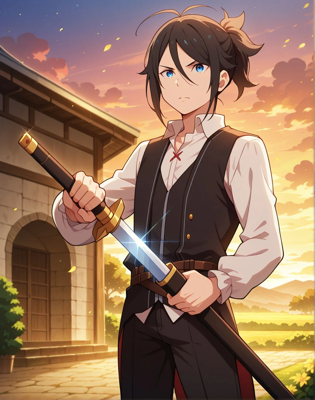 masterpiece, best quality, newest, absurdres, highres, detailed eyes, beautiful, detailed background, perfect eyes, anime coloring, anime screencap,
<lora:Theresia_van_Astrea_r1:1>Theresia_an_Astrea,
young_Wilhelm,
1boy,holding sword, male focus,
unsheathing,sheath,black hair,
blue eyes,solo, short ponytail, cowboy shot,
outdoors,holding weapon,serious,
No cape,collared shirt, black vest,