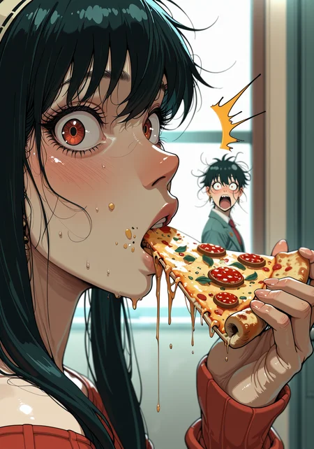 embedding:IllusP0s, s0larpunk, ((surprised)) side view, eating pizza, (((cheesy face))), ((messy face)) looking at viewer, yor_briar_\(spy x family\), 1girl, solo<lora:s0larpunk.safetensors:1.0:1.0>