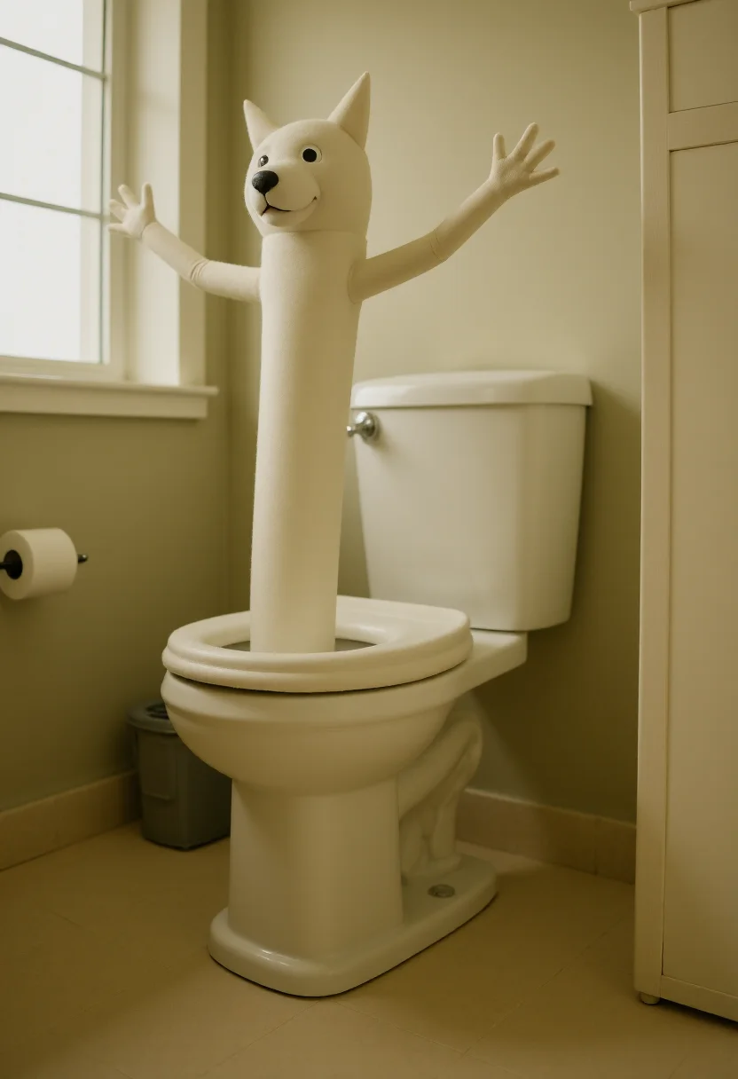 <lora:Wacky_Waving_Inflatable_Arm_Flux_Man-000009:1> 
The image is a photograph of a very tall, inflatable toilet with seat cover with wavy raised arms standing in a bathroom setting.