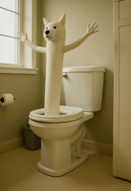 <lora:Wacky_Waving_Inflatable_Arm_Flux_Man-000009:1>
The image is a photograph of a very tall, inflatable toilet with seat cover with wavy raised arms standing in a bathroom setting.