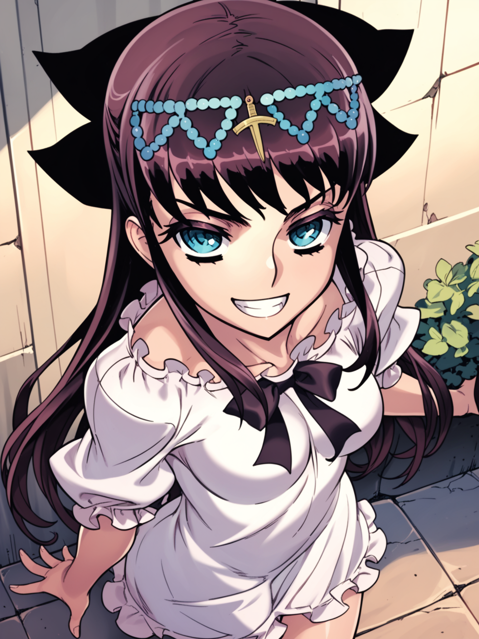 <lora:happy_tentacle-elseria-v0.5-000020>, ht_elseria, nightgown, frills, thigh boots, white footwear, circlet, hair bow, outdoors , 1girl, solo, upper body , half-closed eyes , ( evil smile, teeth :1.1), , looking at viewer , , from above , score_9, score_8_up, score_7_up, score_6_up, score_5_up, score_4_up