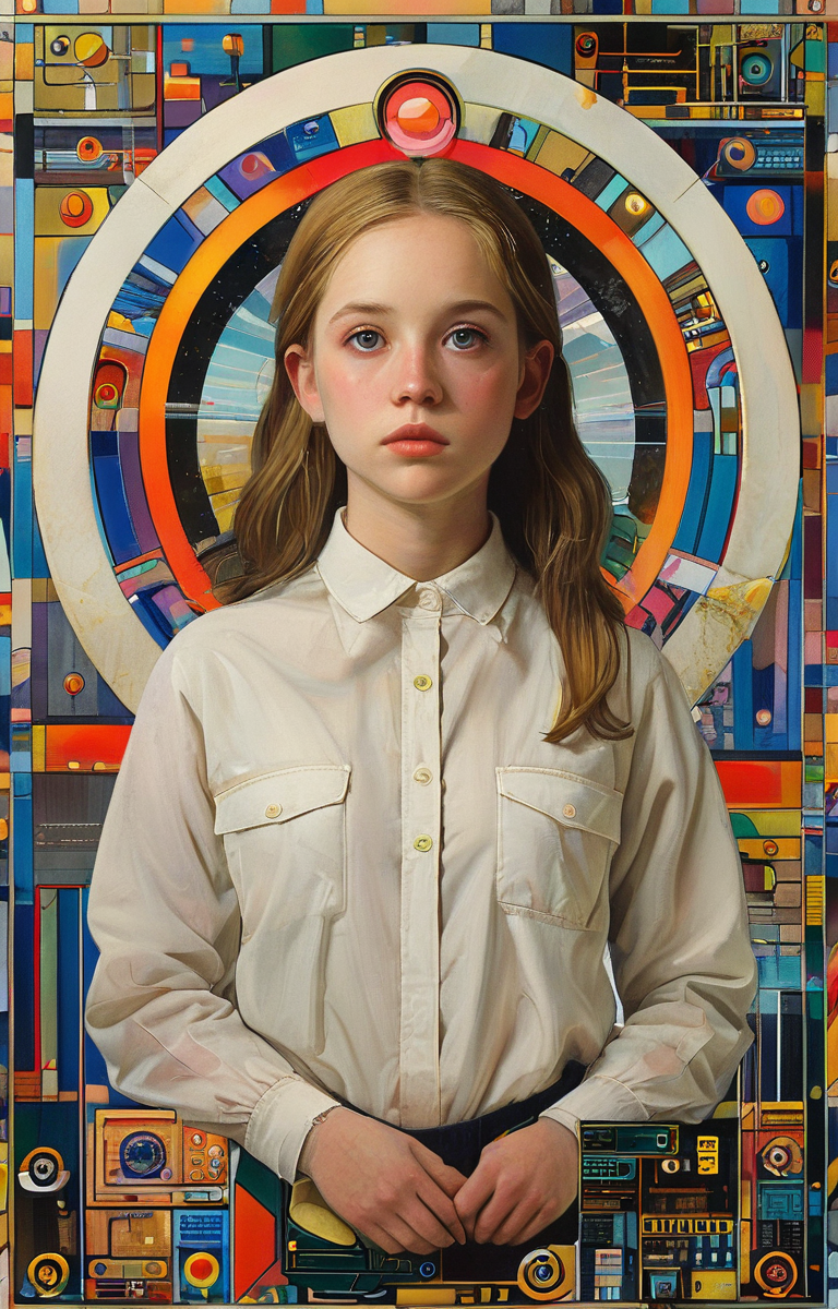masterpiece,best quality,<lora:tbh147-sdxl:1>,illustration,style of Paul Laffoley tech genius teenage girl