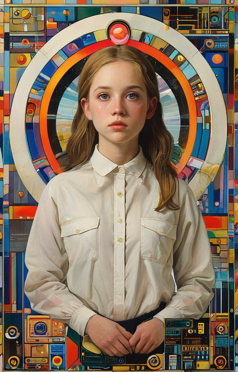masterpiece,best quality,<lora:tbh147-sdxl:1>,illustration,style of Paul Laffoley tech genius teenage girl