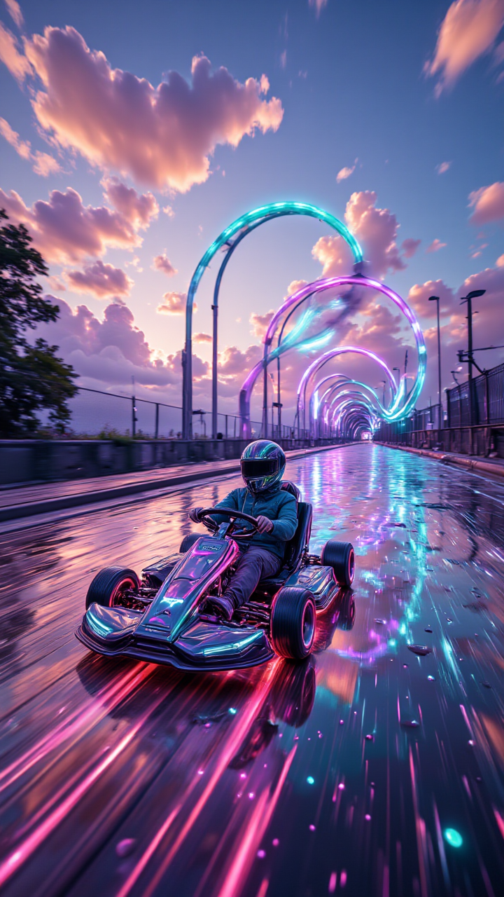 Adventurers race go-karts through a rainbow-colored racetrack suspended in the clouds. extremely detailed, many details, extreme detailed, full of details, Wide range of colors., Dramatic,Dynamic,Cinematic,Sharp details Insane quality. Insane resolution. Insane details. Masterpiece. 32k resolution.      , aidmaglow