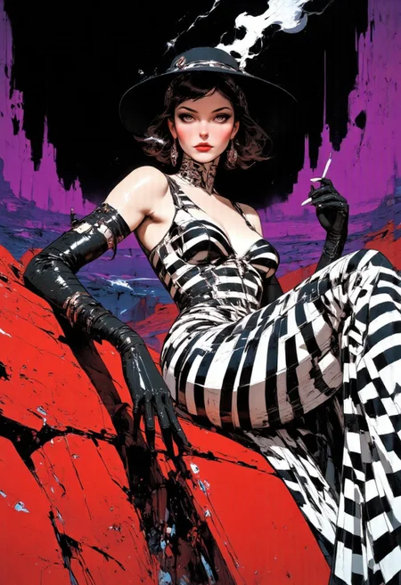 This image is a vibrant, stylized illustration in a classic Art Deco style, characterized by bold lines, geometric patterns, and a focus on luxury. The subject is a woman reclining on red-colored rocky terrain, set against a striking, black sky. She wears a striking all-black-and-white striped gown that flows elegantly around her, complemented by a matching wide-brimmed hat. Her dramatic makeup features heavily lined eyes and red lipstick, enhancing her glamorous appearance. Long black gloves extend to her elbows, adding sophistication to the scene. She is smoking a cigarette, with wisps of smoke curling upward, contributing to the relaxed, leisurely moment. Her short, tousled bob hairstyle and pearl necklace complete her chic look. The background features a violet sea, creating an intriguing contrast to the red rocks beneath her. The rocks are textured and detailed, adding depth to the scene, while the black sky intensifies the mood. The overall composition is dynamic, with the woman’s relaxed pose and the flowing lines of her dress creating a sense of movement and fluidity. The combination of luxury, boldness, and surreal colors adds a unique energy to the composition.