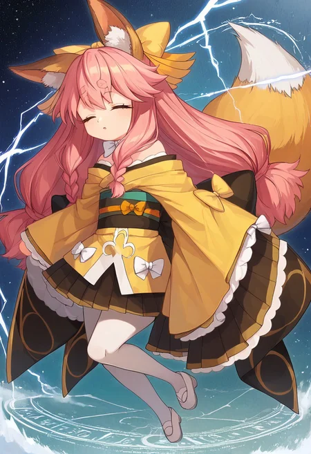 score_9, score_8_up, score_7_up, source_anime, prefect lighting, very aesthetic, intricate details, highly detailed background, masterpiece, high quality, prefect hands, best quality, 1girl, (shortstack:0.8), solo, <lora:aria.pony:1>, aria, pink hair, long hair, braid, eyes closed, animal ear fluff, fox ears, fox tail, yellow hair bow, small breasts, yellow kimono, japanese clothes, long sleeves, sleeves past wrists, wide sleeves, white bow, bare shoulders, white pantyhose, obi, ribbon, white footwear, flying, outer space, Magic circle underneath, swirling magic waves, blue lightning, full body, front view, (from above:1.2)