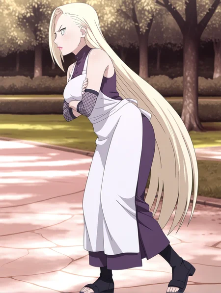 1girl ino yamanaka, blank period, chef uniform, angry, serious, lipstick, cute face, purple high-collared blouse, mesh arm warmers, white apron, toeless footwear, outdoors, park, crossed arms, full body, candid shot, from side, <lora:ino_yamanaka_ixl_rc1-000006:1>, masterpiece,best quality,amazing quality,