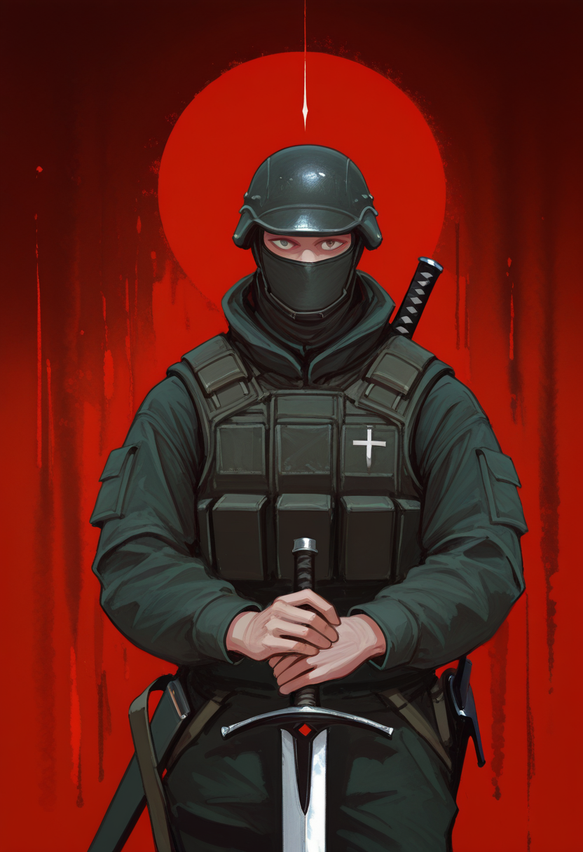 pt1chn1k, solo, 1boy, male focus, abstract background, black and red background, cowboy shot, buletproof vest, mask, helmet, sword, weapon, holding, military, looking at viewer, (masterpiece, best quality, newest, recent, absurdres),