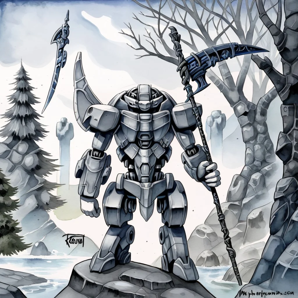standing, gloves, male focus, solo, scythe, mecha, rock, robot, scenery, tree, greyscale, polearm. Made in watercolor.