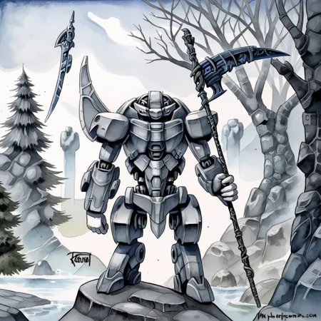 standing, gloves, male focus, solo, scythe, mecha, rock, robot, scenery, tree, greyscale, polearm. Made in watercolor.