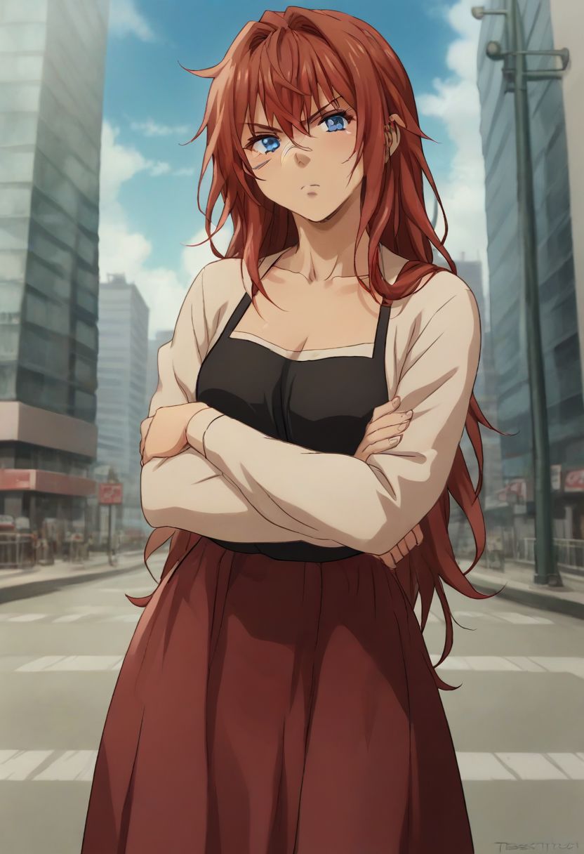 score_9, score_8_up, score_7_up, detailed, source_anime, official artstyle, by Ichan01, IgnitionCrisis, 1girl, red hair, solo, long hair, bangs, blue eyes, annoyed face, (black blouse), red skirt, cowboy shot, crossed arms, city, outoors, looking at viewer, detailed face, (((textless, no watermark:1.5))), (clean image:1.2)