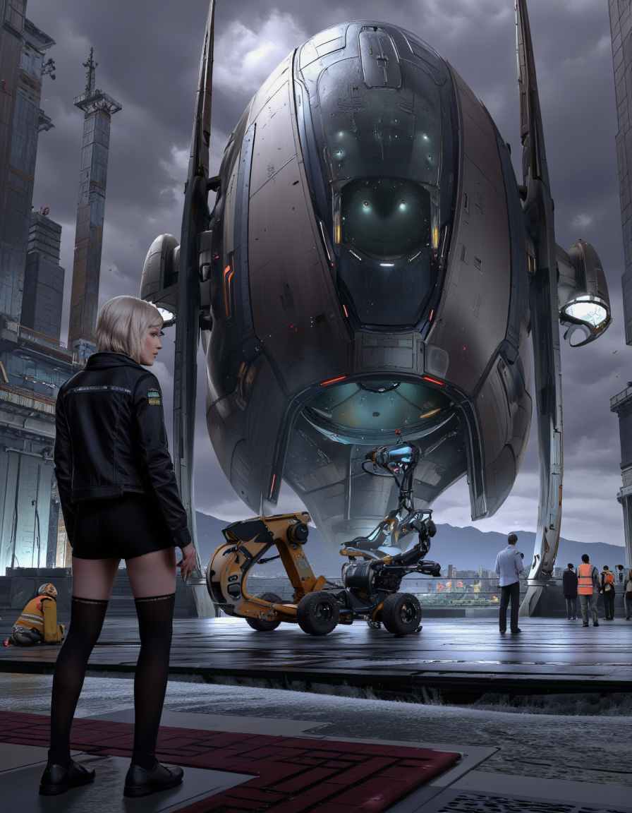 Art by Andrian Luchian. A digital illustration shoot from the side about a futuristic scene featuring a futuristic cityscape at night, with a large, metallic spaceship and a robotic vehicle in the foreground. the scene is set on a wet, industrial area with tall buildings and cranes in the background, and the sky is dark and cloudy with a few clouds. the image also shows a cloudy sky and distant mountains in the distance. on the left side of the image, a woman with short blonde hair, wearing a black jacket and black shorts, is standing with her back to the viewer, looking over her shoulder with a serious expression. she appears to be in her mid-twenties, with her hair styled in a short hair style. she is facing away from the camera, and her body is slim and athletic. she has a slender build and is wearing black thigh-high stockings. in the middle of the scene, a man in a white shirt and black pants is standing near a futuristic spaceship with a sleek design and a large cockpit, and he is looking over his shoulder at the spaceship. to the right of the woman, a robot with a robotic arm is standing, and to the left, a group of people in high visibility vests are standing around, observing the scene.